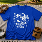 Royal T-shirt mockup featuring illustrated dog beside stylized lettering that reads Respect the Pack.