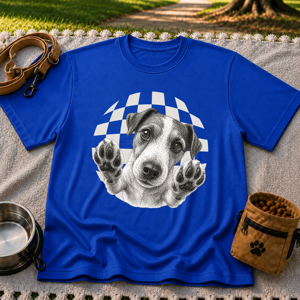 Jack Russell Terrier Paws Up artwork on a Royal T-shirt.