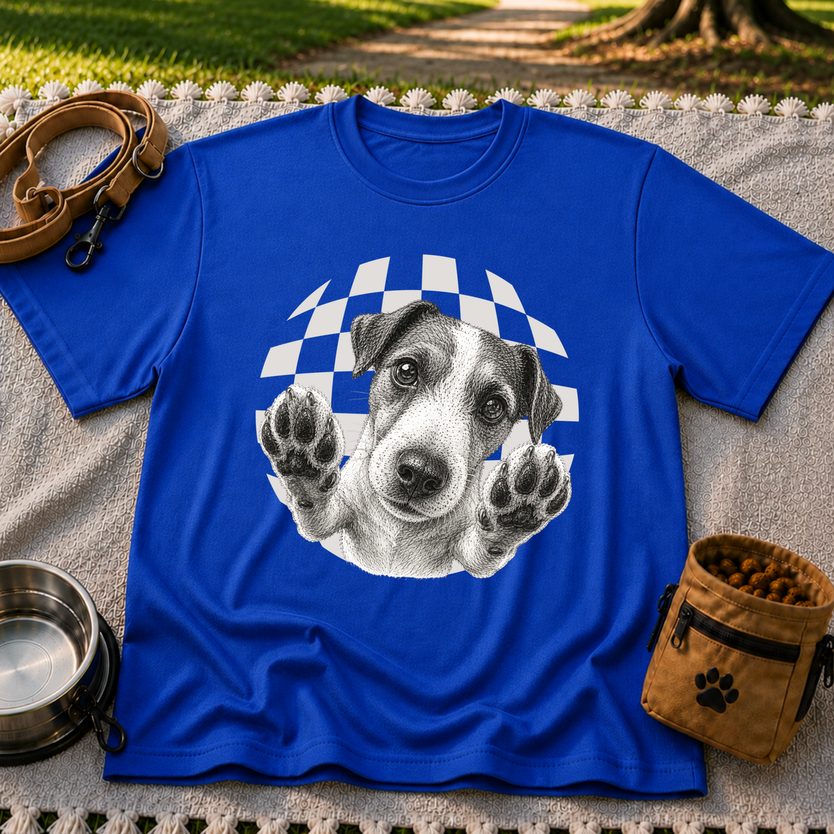Jack Russell Terrier Paws Up artwork on a Royal T-shirt.