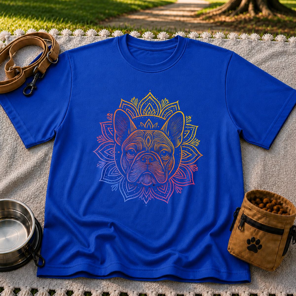 Bohemian French Bulldog Mandala artwork on a Royal T-shirt.