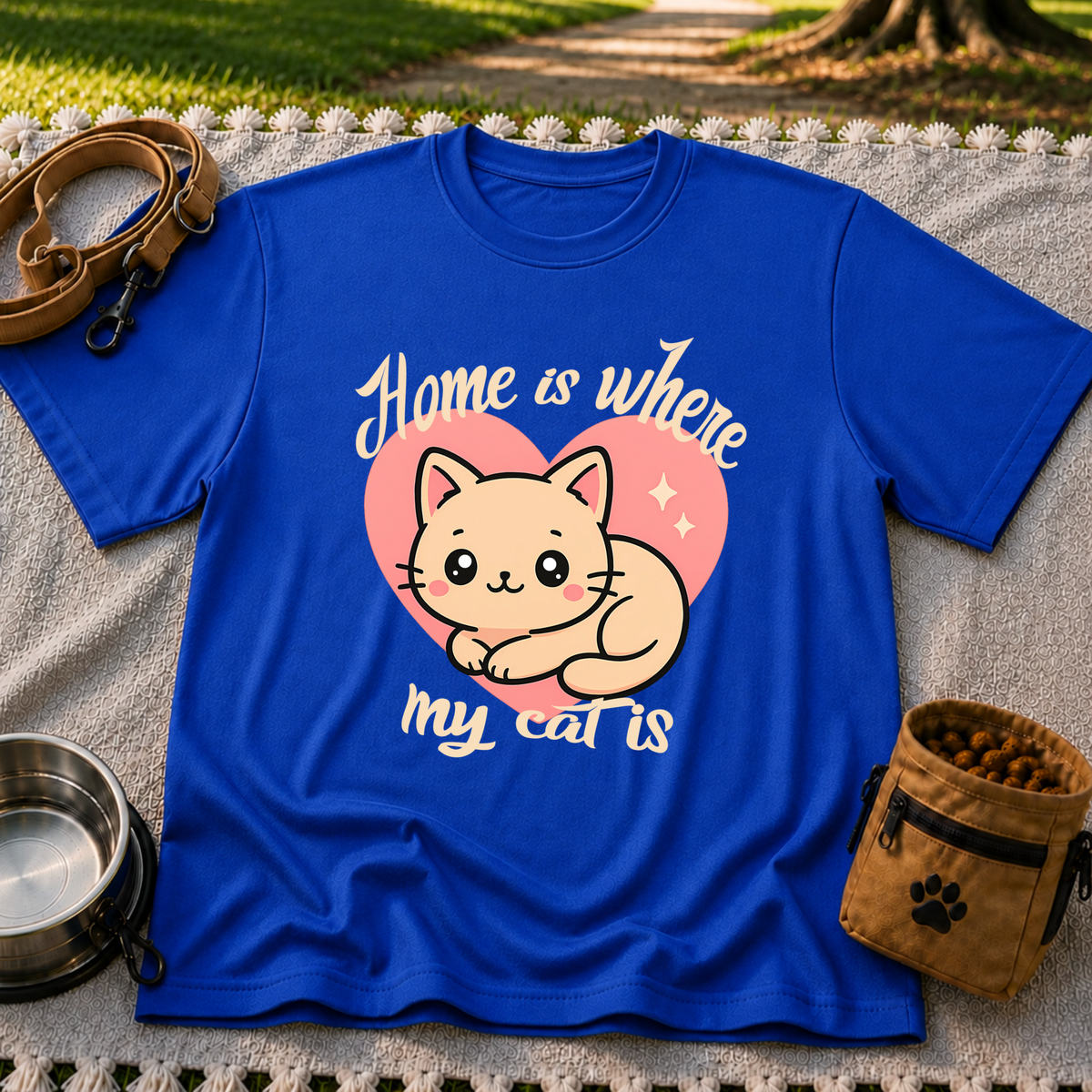 Royal T-shirt mockup featuring kawaii cat resting inside a pink heart with Home Is Where My Cat Is lettering.