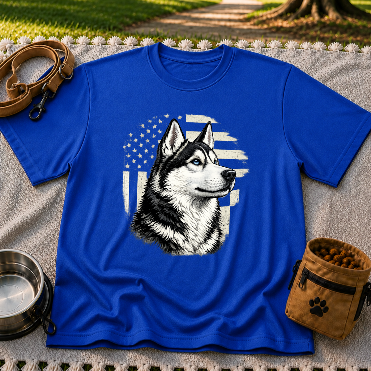 Patriotic Siberian Husky Dog design on a Royal T-shirt.