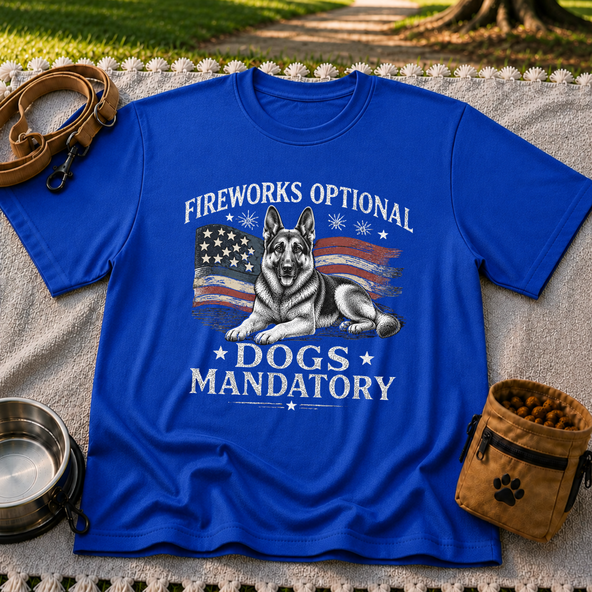 a German Shepherd beside “Fireworks optional, dogs mandatory”. On a Royal T-shirt.