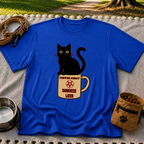 Royal T-shirt mockup featuring black cat sitting on a Coffee First Darkness Later mug.