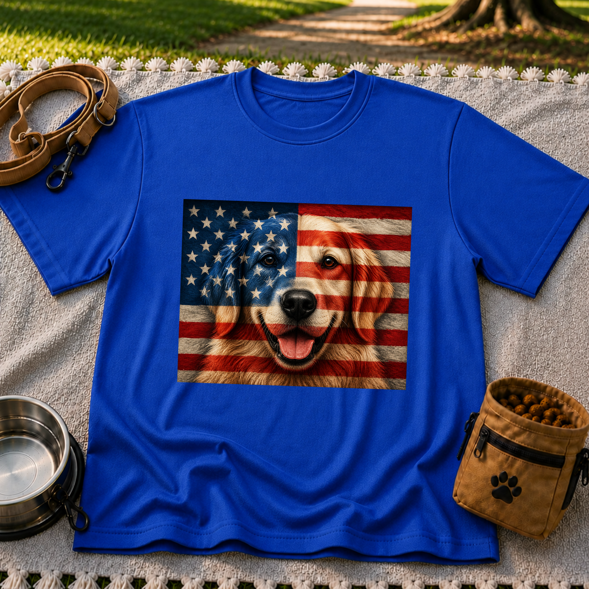 Patriotic Golden Retriever Flag design on a Royal T-shirt.