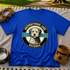 Royal T-shirt mockup featuring shaggy dog portrait on a record label with playful track names.