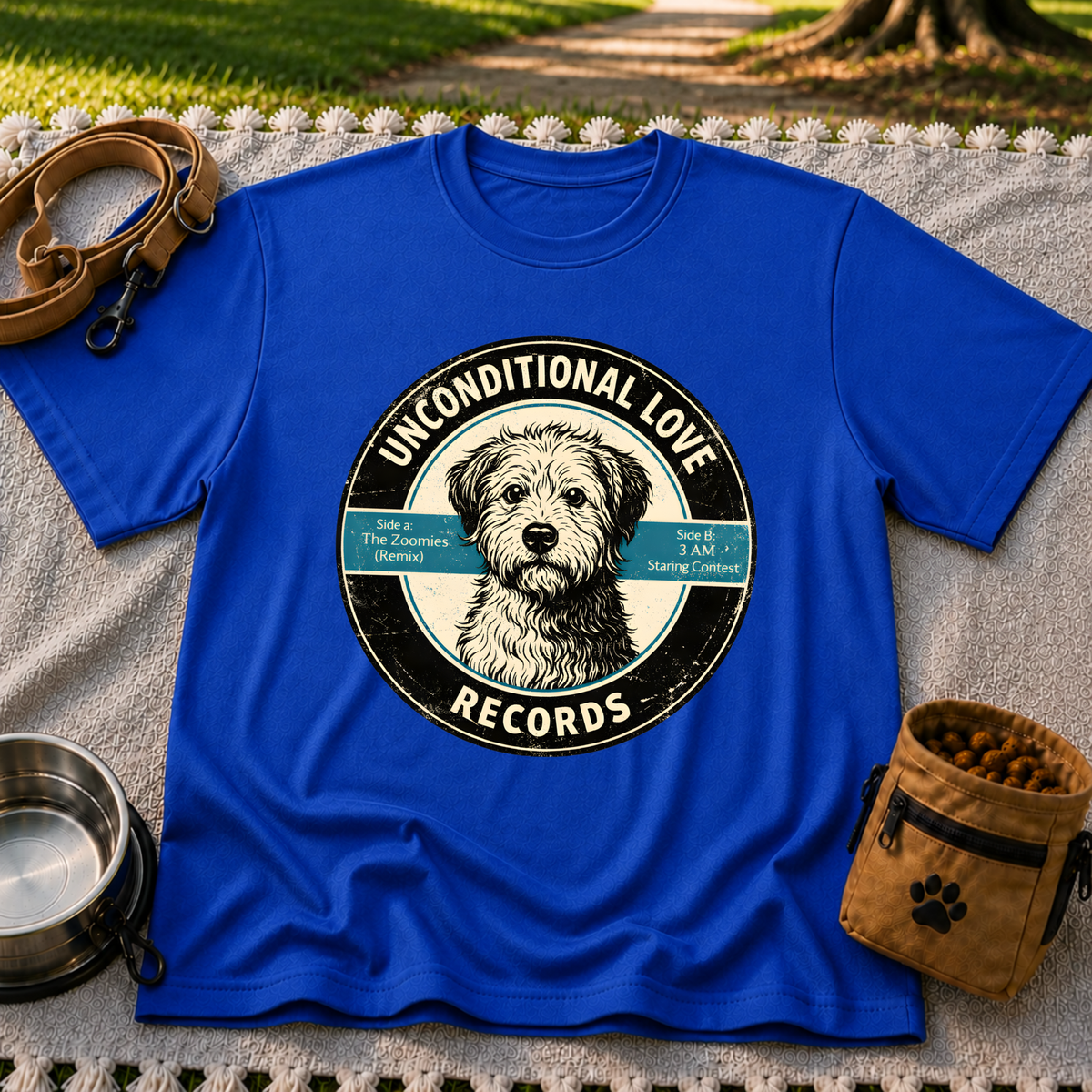 Royal T-shirt mockup featuring shaggy dog portrait on a record label with playful track names.