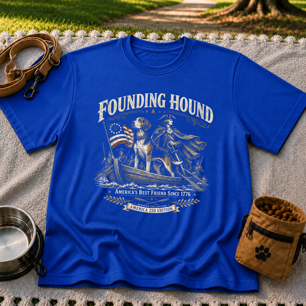 a founding-era American scene with hounds and patriotic details. On a Royal T-shirt.