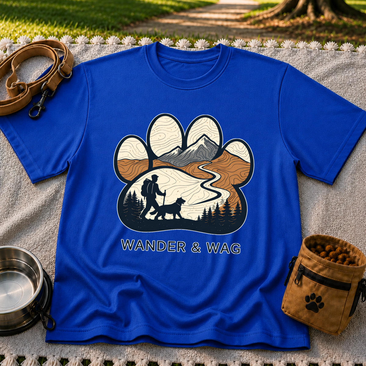 Royal T-shirt mockup featuring hiker and dog following a mountain trail framed inside a paw print.