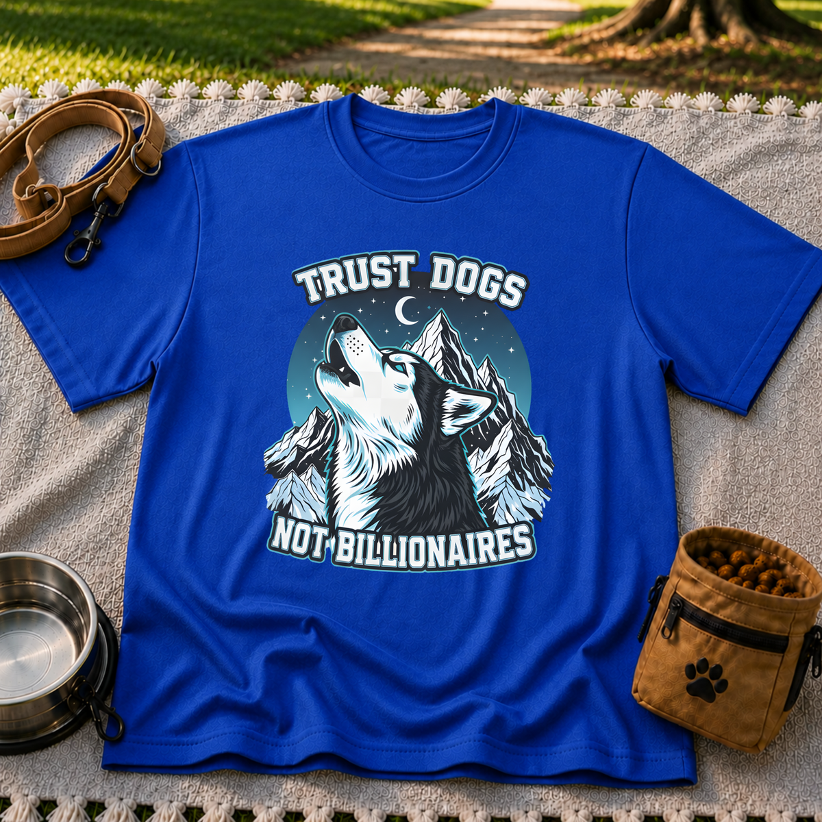 Royal T-shirt mockup featuring howling Husky against a rugged blue-toned mountain landscape.