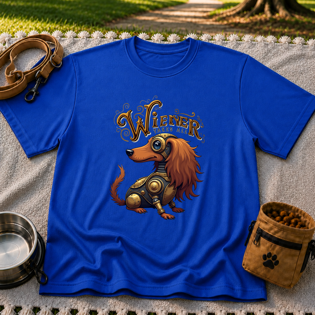 Wiener Takes All Steampunk Dachshund design on a Royal T-shirt.
