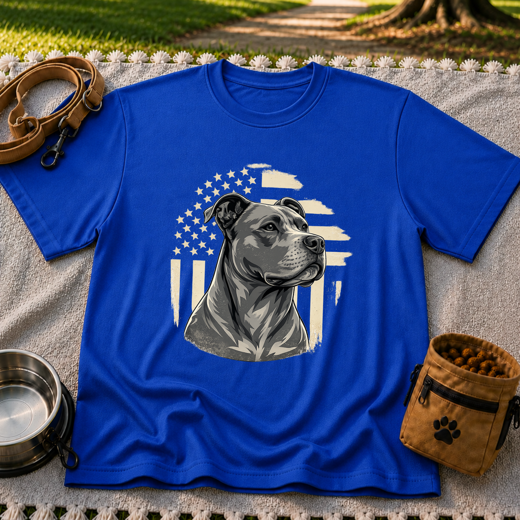 Patriotic Pit Bull Dog design on a Royal T-shirt.