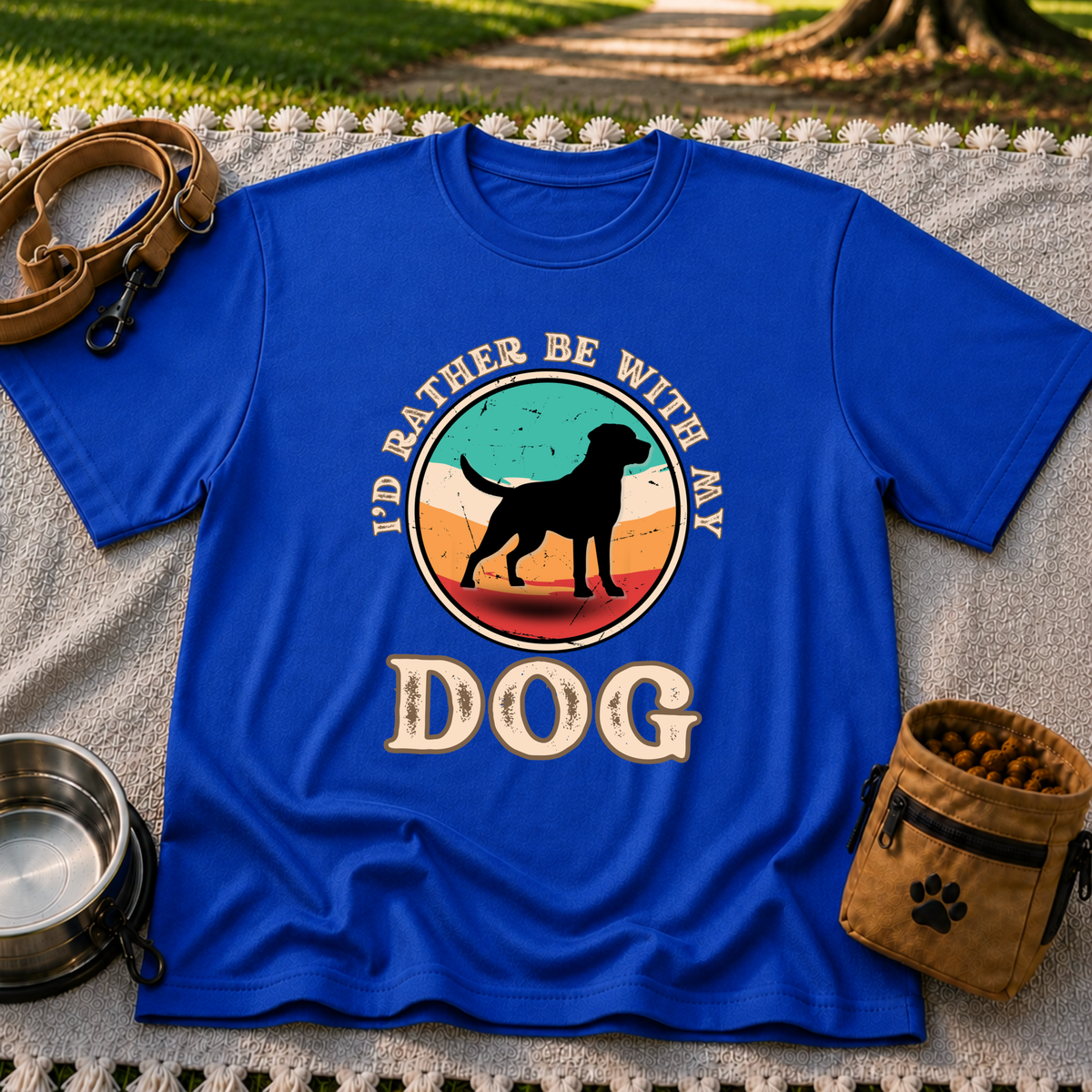 I’d Rather Be With My Dog artwork on a Royal T-shirt.