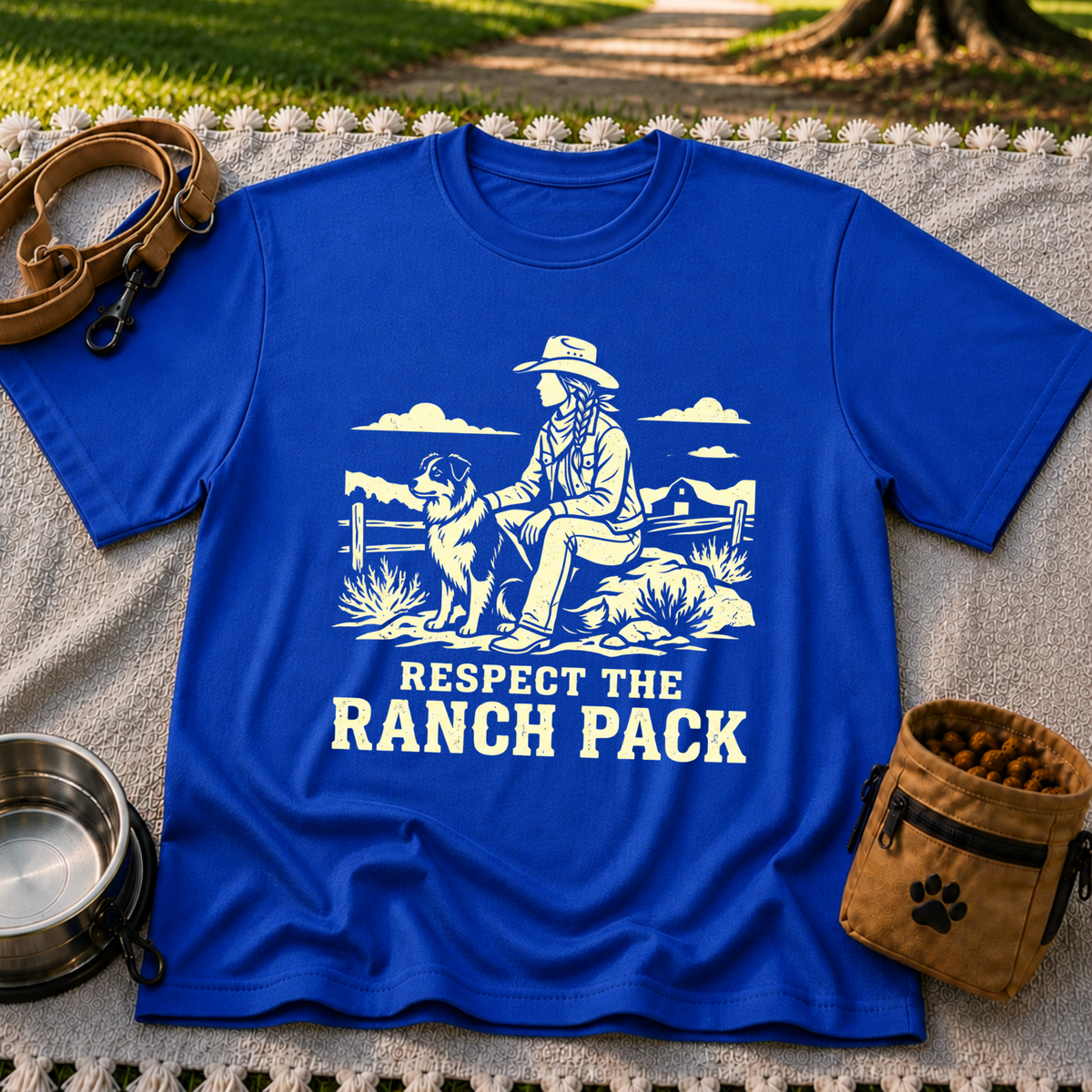 Royal T-shirt mockup featuring western ranch scene with a rider, dog, open landscape, and Respect the Ranch Pack lettering.
