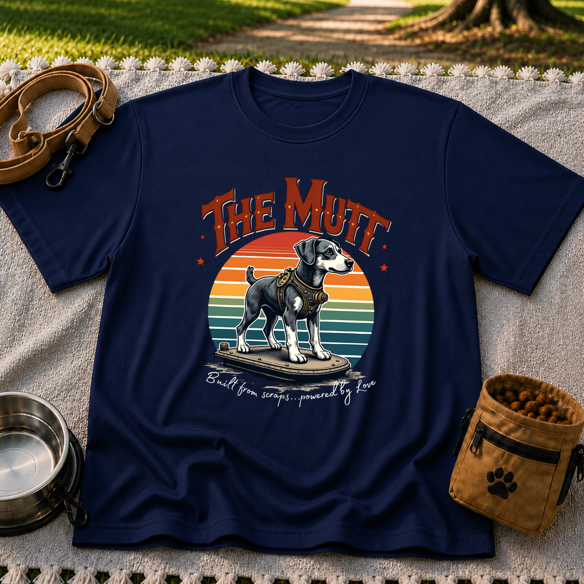 a mixed-breed dog above a “built from scraps, powered by love” sentiment. On a Navy T-shirt.