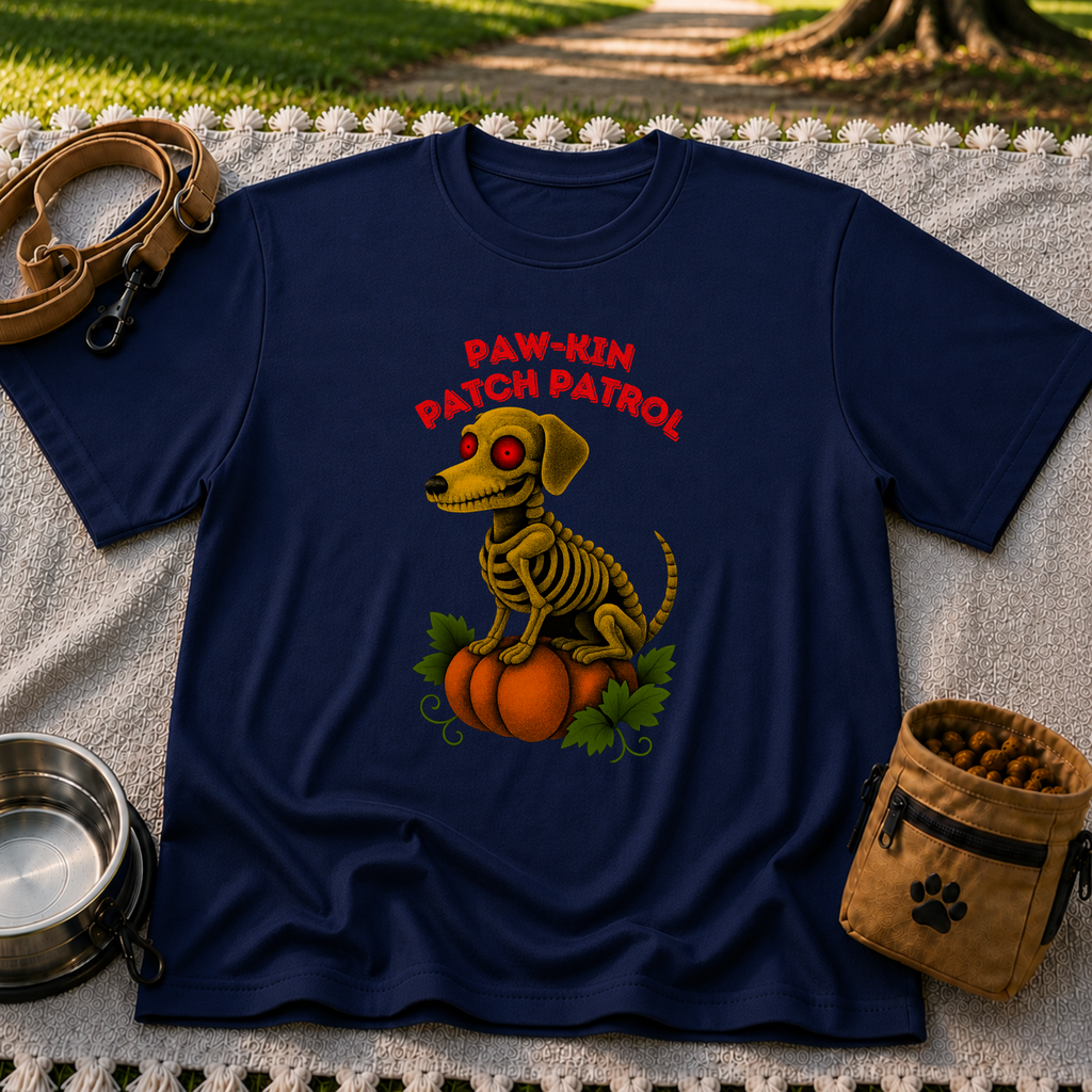 Paw-kin Patch Patrol Dachshund Halloween Dog design on a Navy T-shirt.