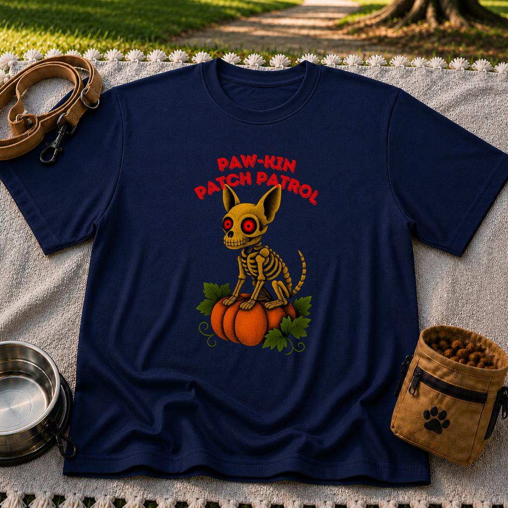 Paw-kin Patch Patrol Skeleton Chihuahua Halloween design on a Navy T-shirt.