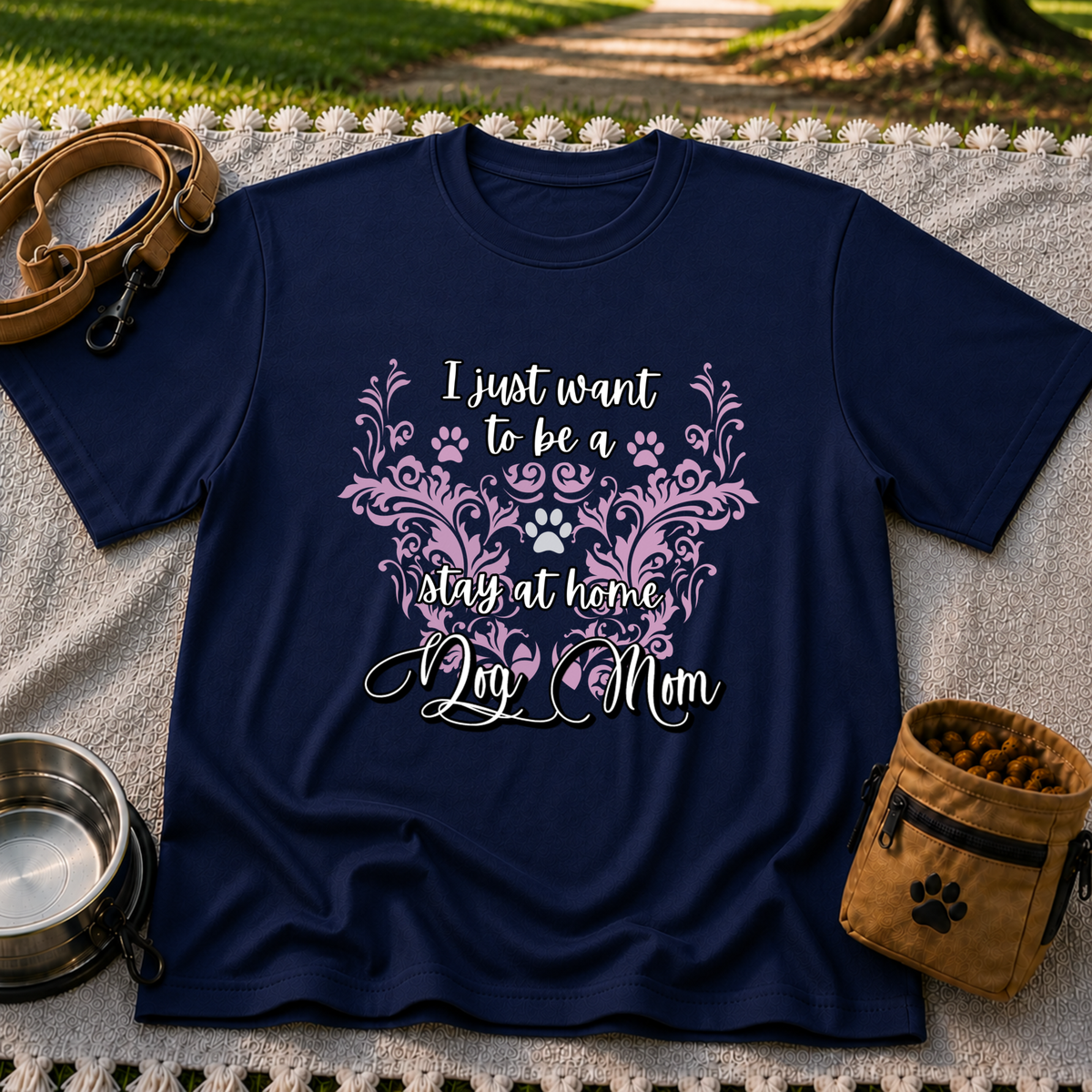 Stay at Home Dog Mom Pink design on a Navy T-shirt.