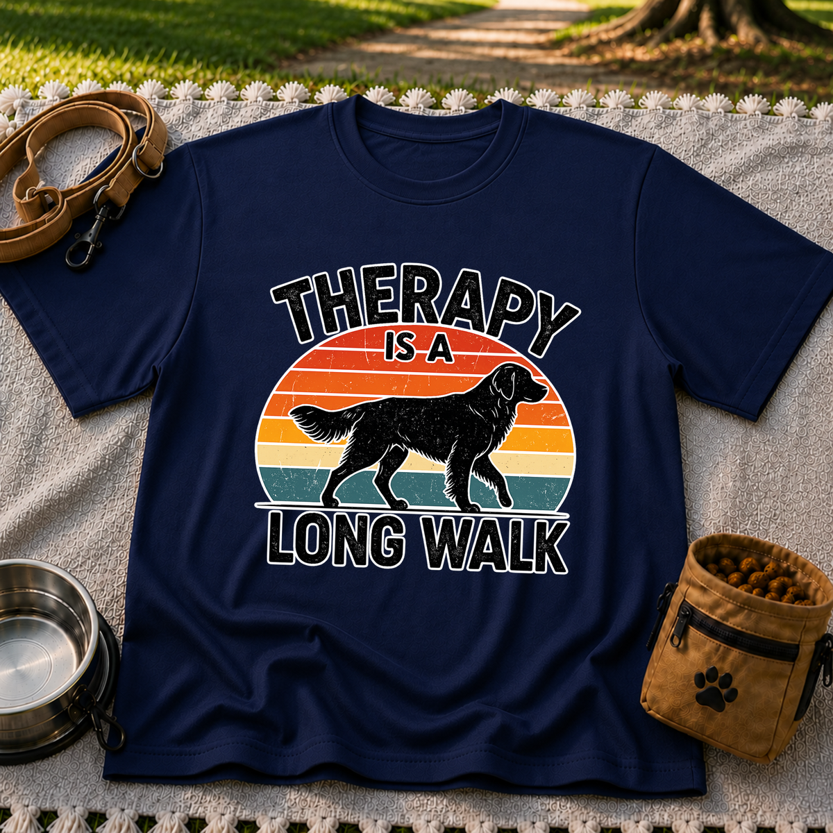 Navy T-shirt mockup featuring dog silhouette walking across a striped sunset beneath Therapy Is a Long Walk.