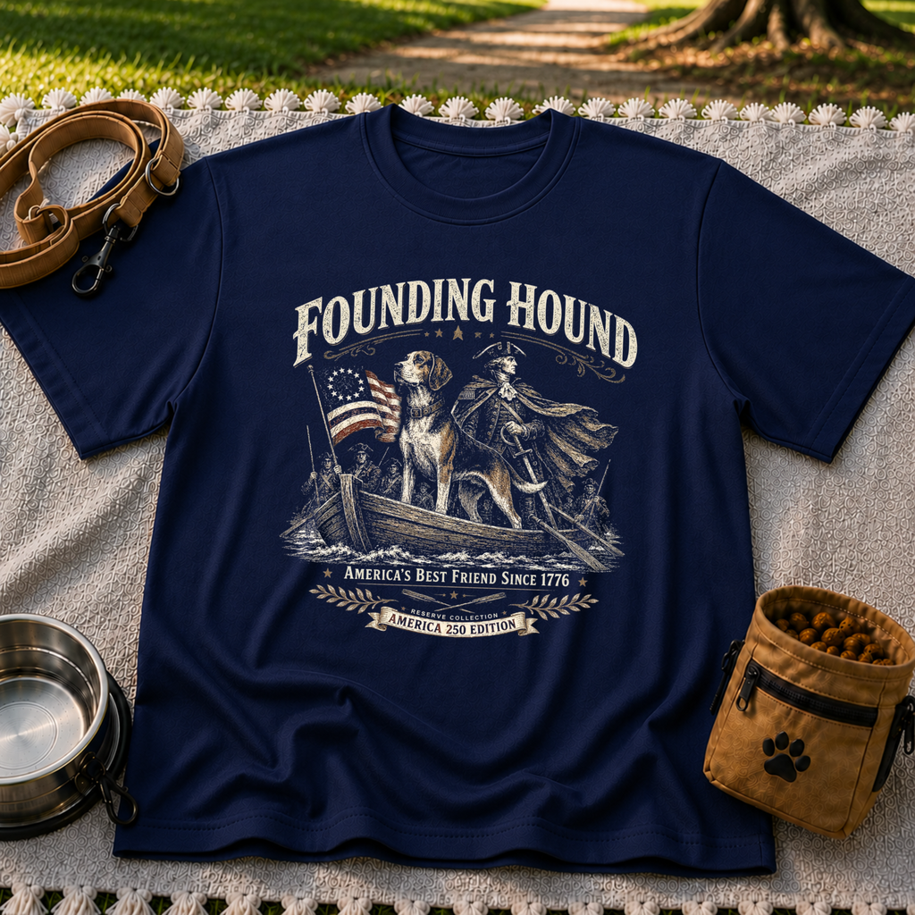 a founding-era American scene with hounds and patriotic details. On a Navy T-shirt.