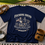 a founding-era American scene with hounds and patriotic details. On a Navy T-shirt.