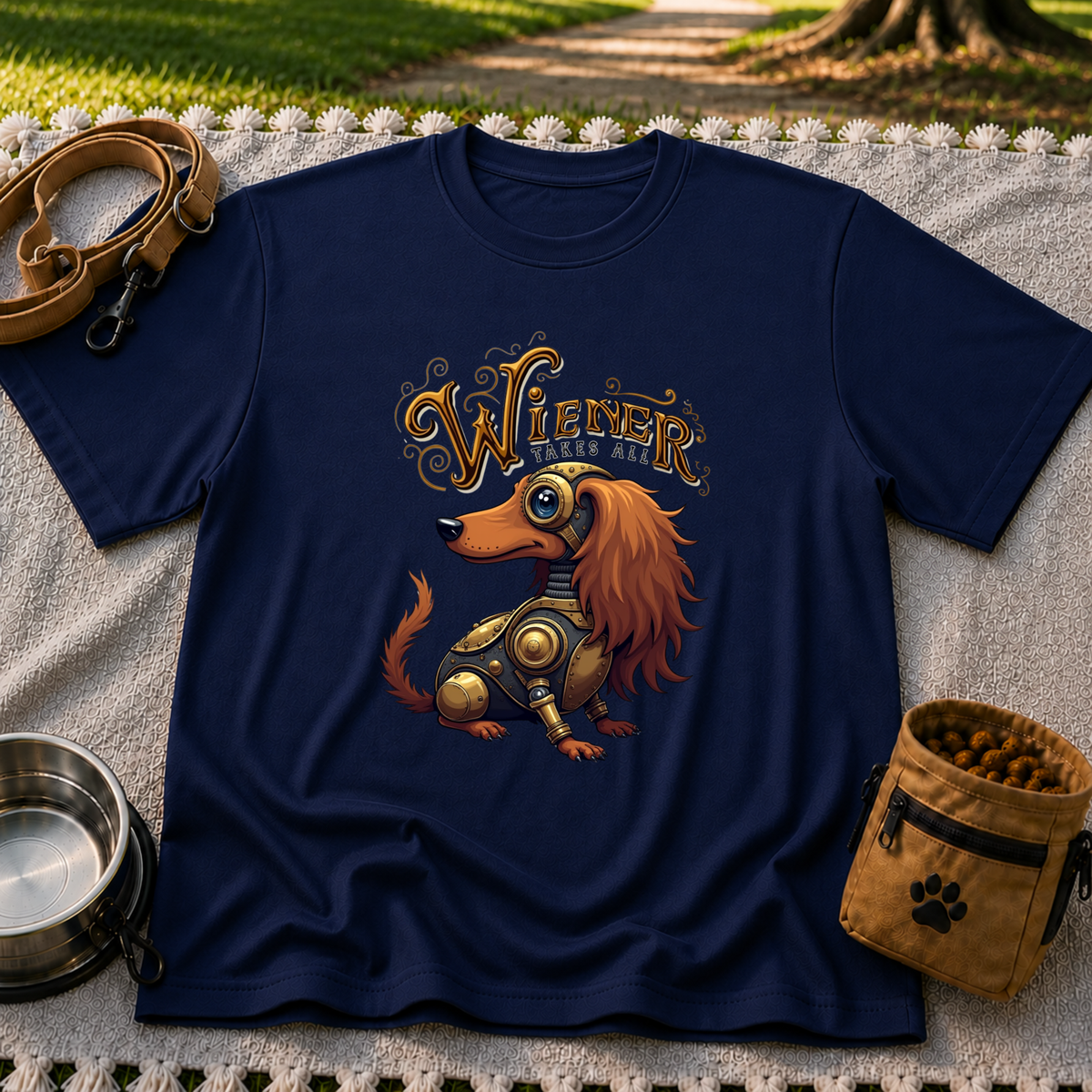 Wiener Takes All Steampunk Dachshund design on a Navy T-shirt.