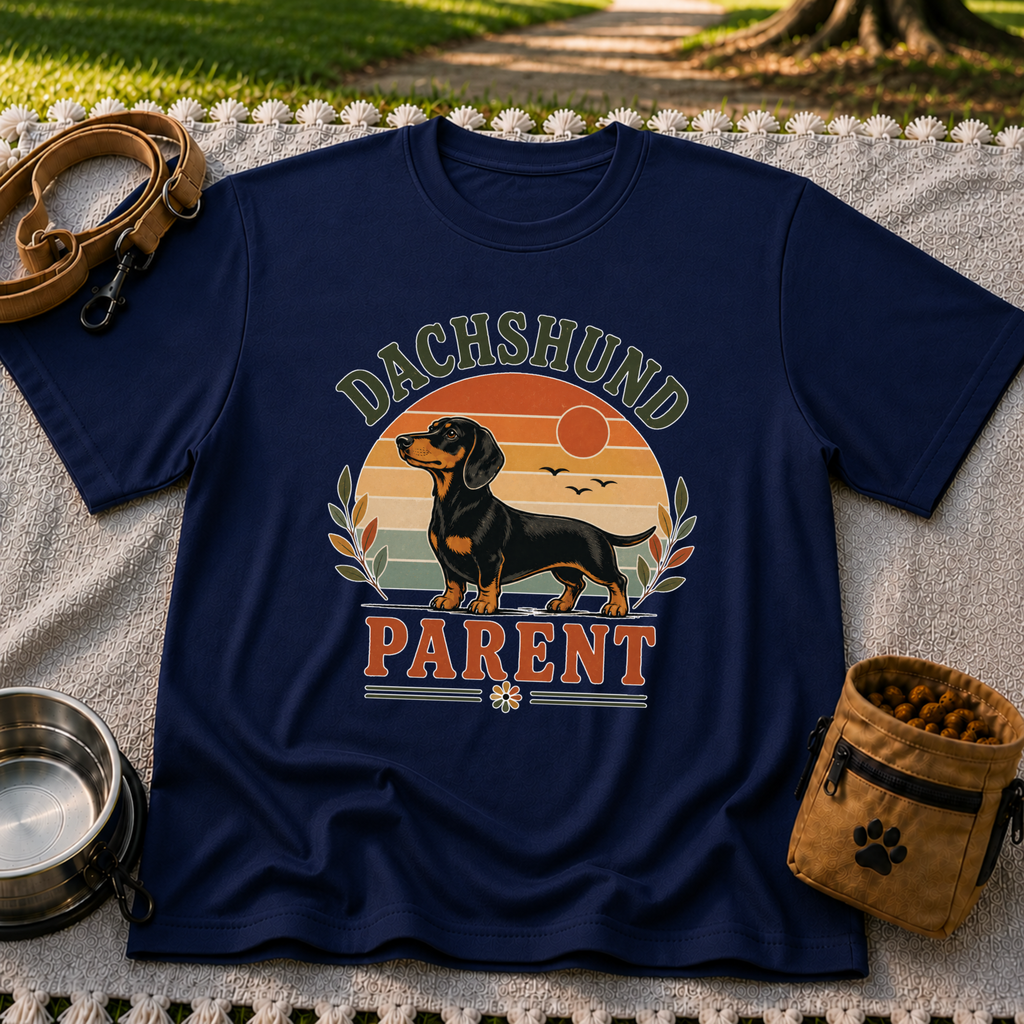 Navy T-shirt mockup featuring dachshund portrait in a striped sunset badge with Dachshund Parent lettering.