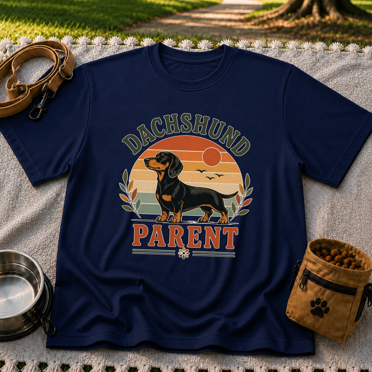 Navy T-shirt mockup featuring dachshund portrait in a striped sunset badge with Dachshund Parent lettering.