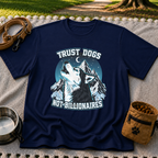 Navy T-shirt mockup featuring howling Husky against a rugged blue-toned mountain landscape.