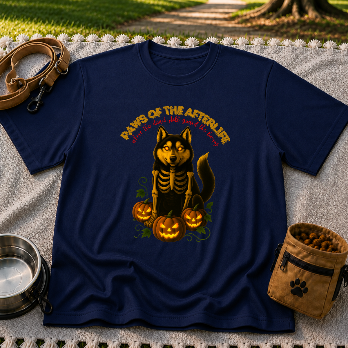 Paws of the Afterlife Husky Skeleton Halloween design on a Navy T-shirt.