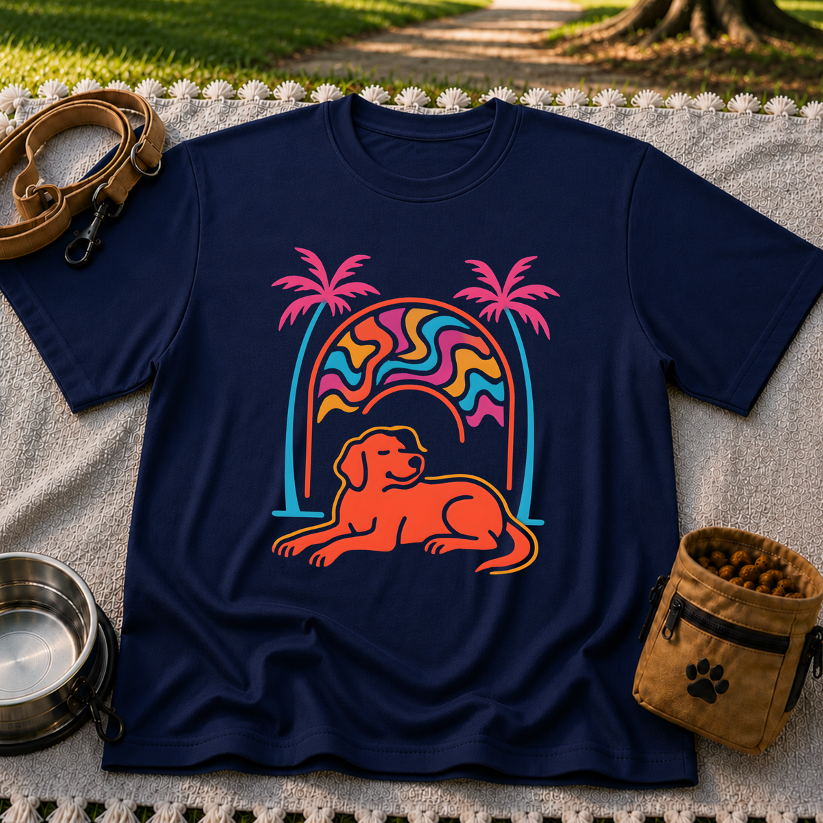 Psychedelic Dog Palm Trees design on a Navy T-shirt.
