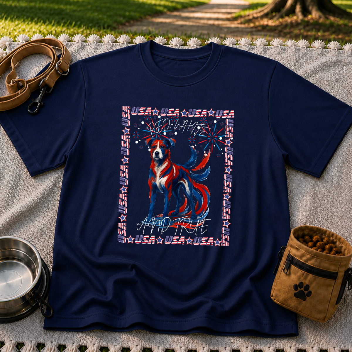 USA Fireworks Dog Lover design on a Navy T-shirt.