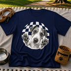 Jack Russell Terrier Paws Up artwork on a Navy T-shirt.