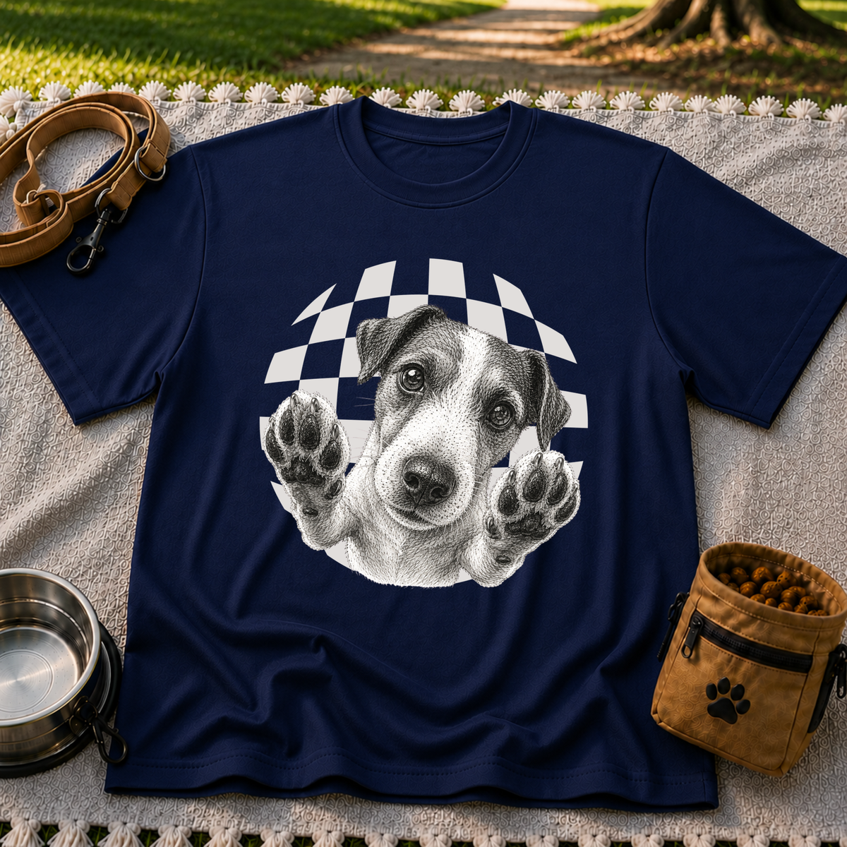 Jack Russell Terrier Paws Up artwork on a Navy T-shirt.