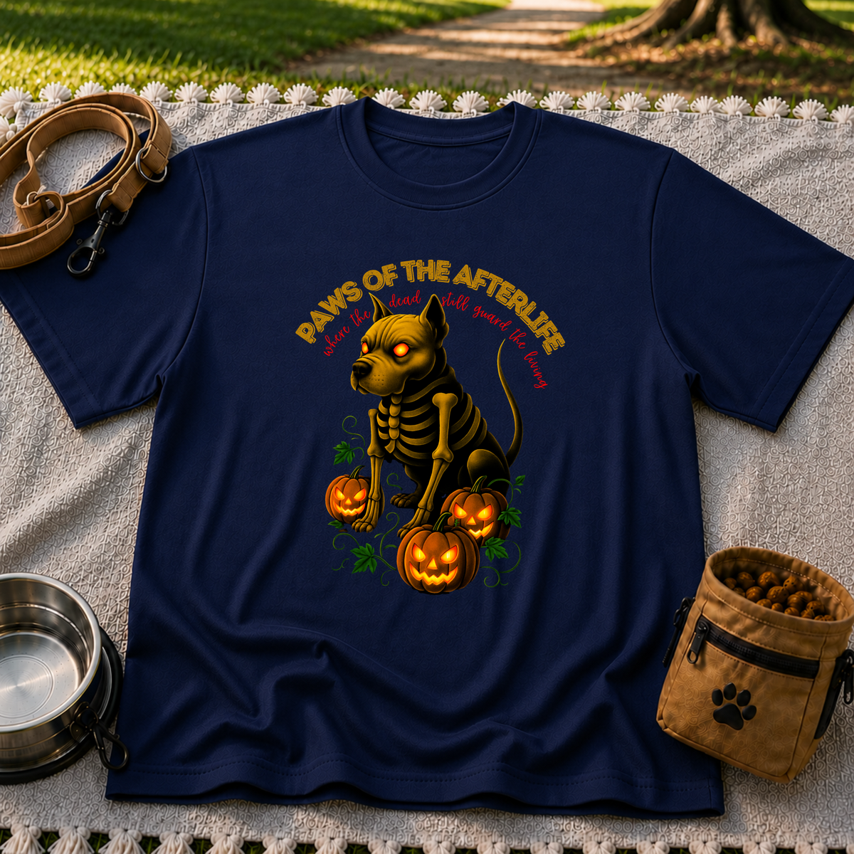 Paws of the Afterlife Pitbull Skeleton Halloween design on a Navy T-shirt.