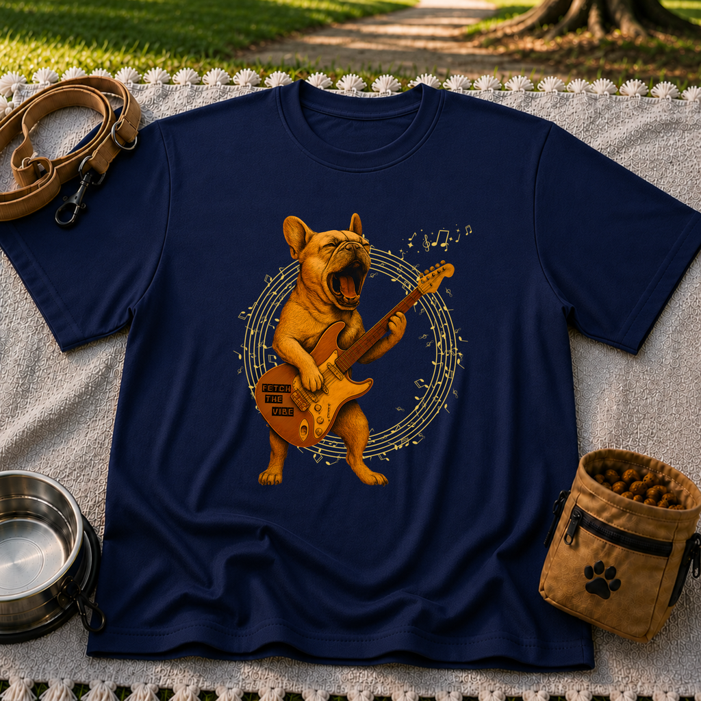 Rocking French Bulldog Guitar artwork on a Navy T-shirt.
