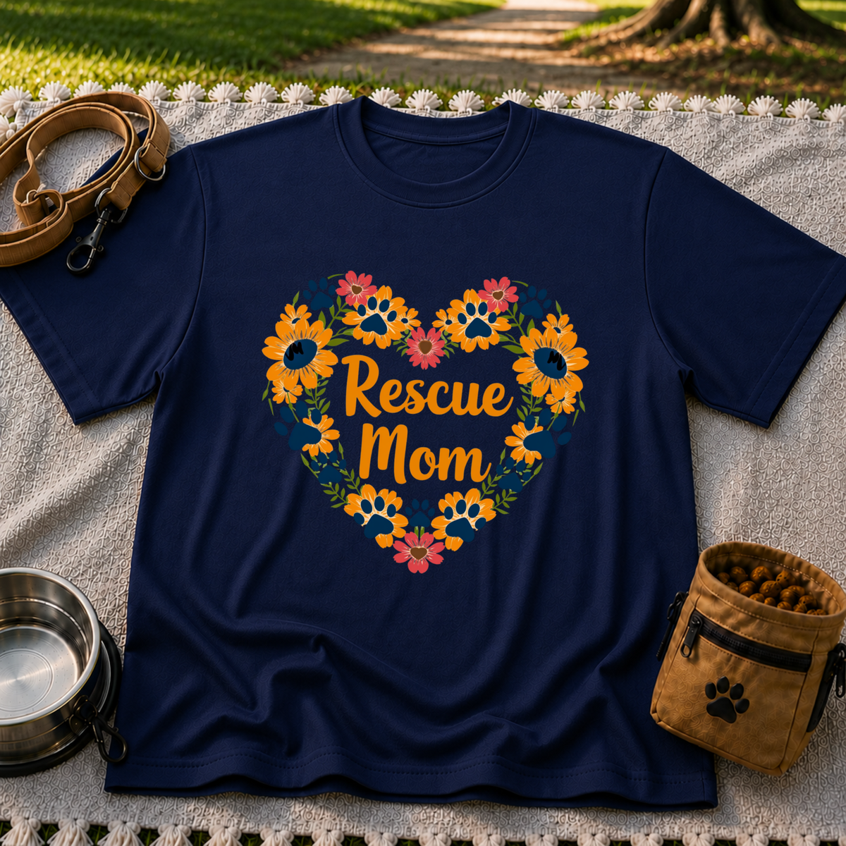 Rescue Mom Floral Paw design on a Navy T-shirt.