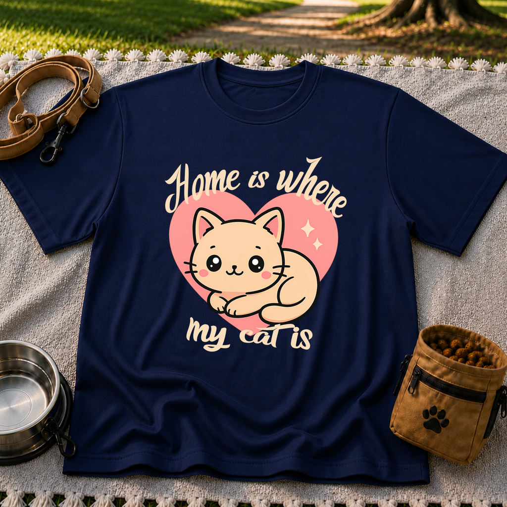 Navy T-shirt mockup featuring kawaii cat resting inside a pink heart with Home Is Where My Cat Is lettering.