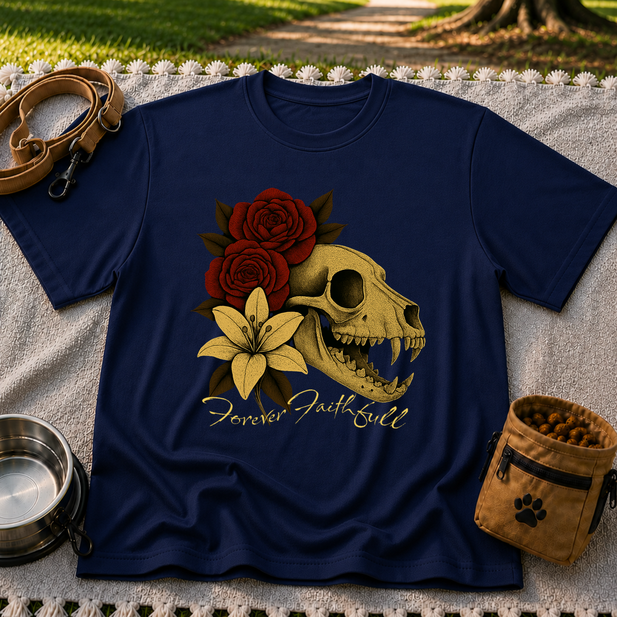 a dog skull with roses and the words “Forever Faithful”. On a Navy T-shirt.