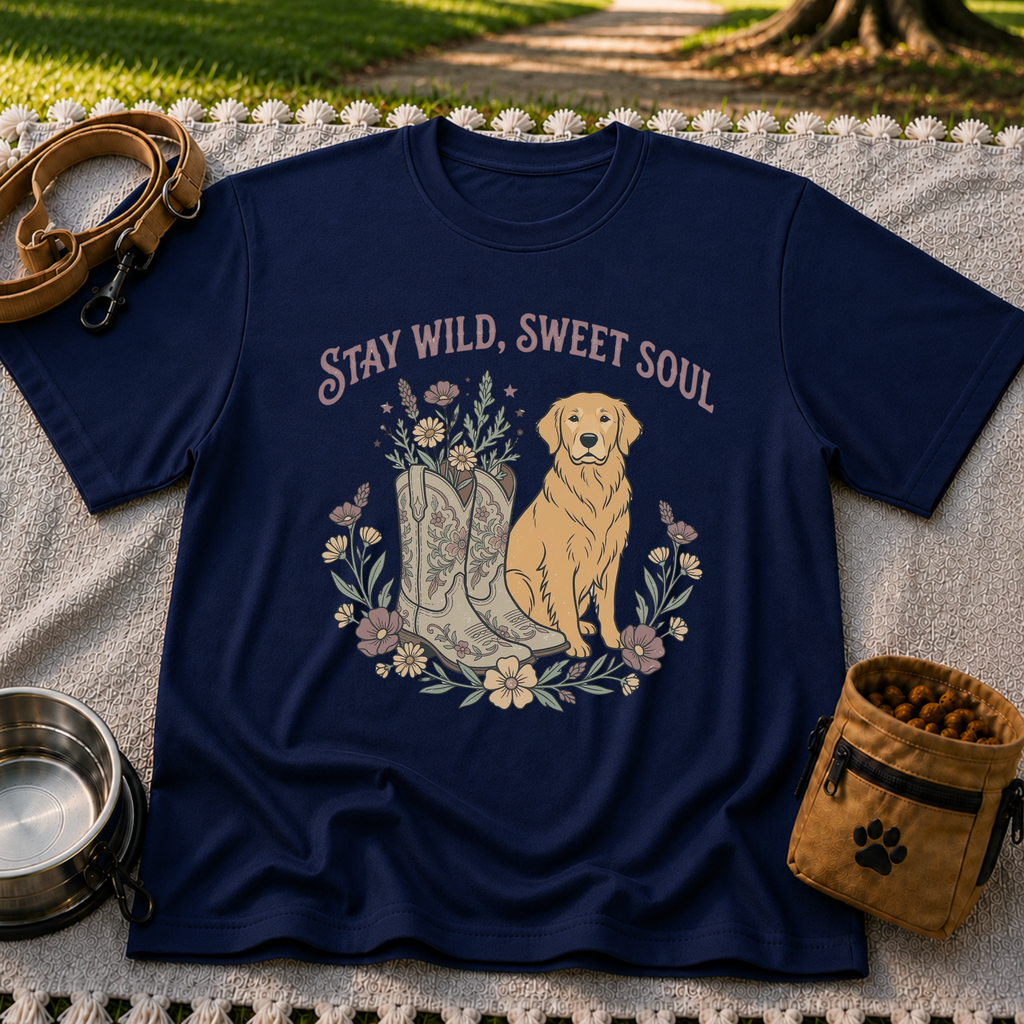 Navy T-shirt mockup featuring golden-coated dog beside floral cowboy boots and flowers beneath Stay Wild Sweet Soul.
