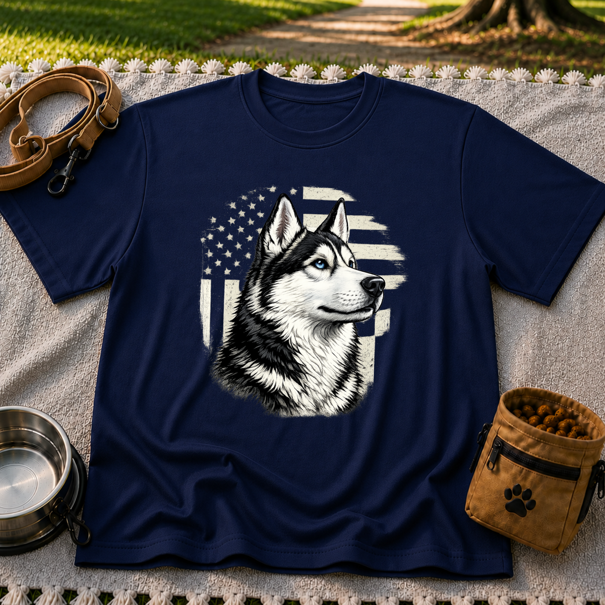 Patriotic Siberian Husky Dog design on a Navy T-shirt.