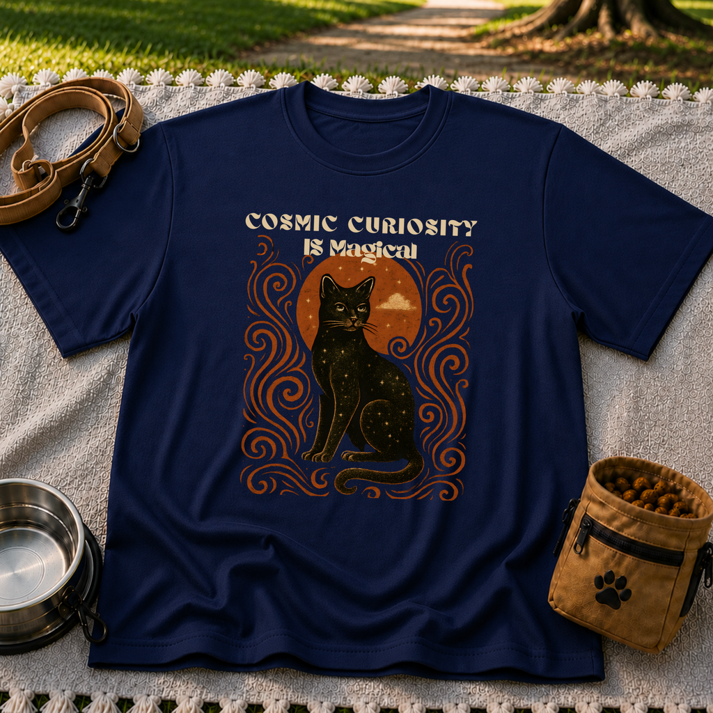 Black cat, moonlike circle and surrounding stars on a Navy T-shirt.