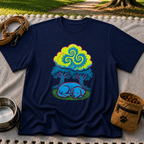Psychedelic Sleeping Dog artwork on a Navy T-shirt.