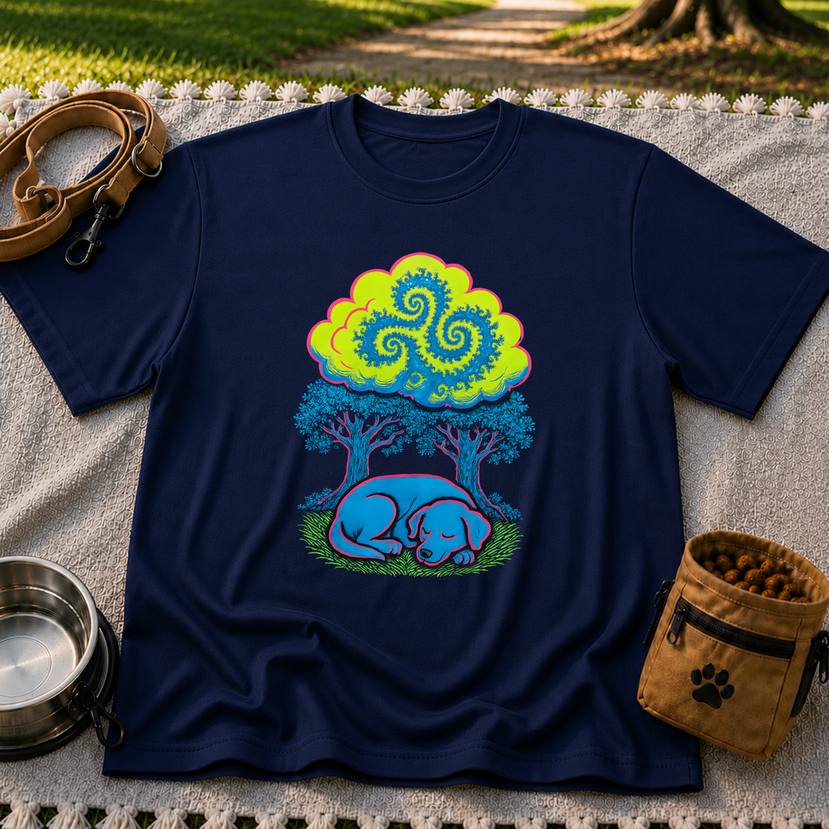 Psychedelic Sleeping Dog artwork on a Navy T-shirt.