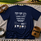 Navy T-shirt mockup featuring Canis Lupus Familiaris and Dog lettering in an infographic with small canine drawings.
