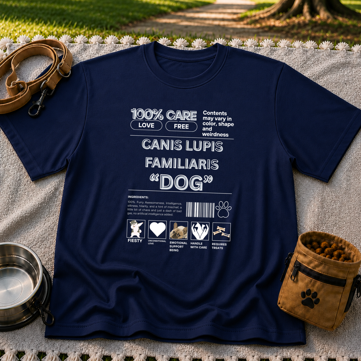 Navy T-shirt mockup featuring Canis Lupus Familiaris and Dog lettering in an infographic with small canine drawings.