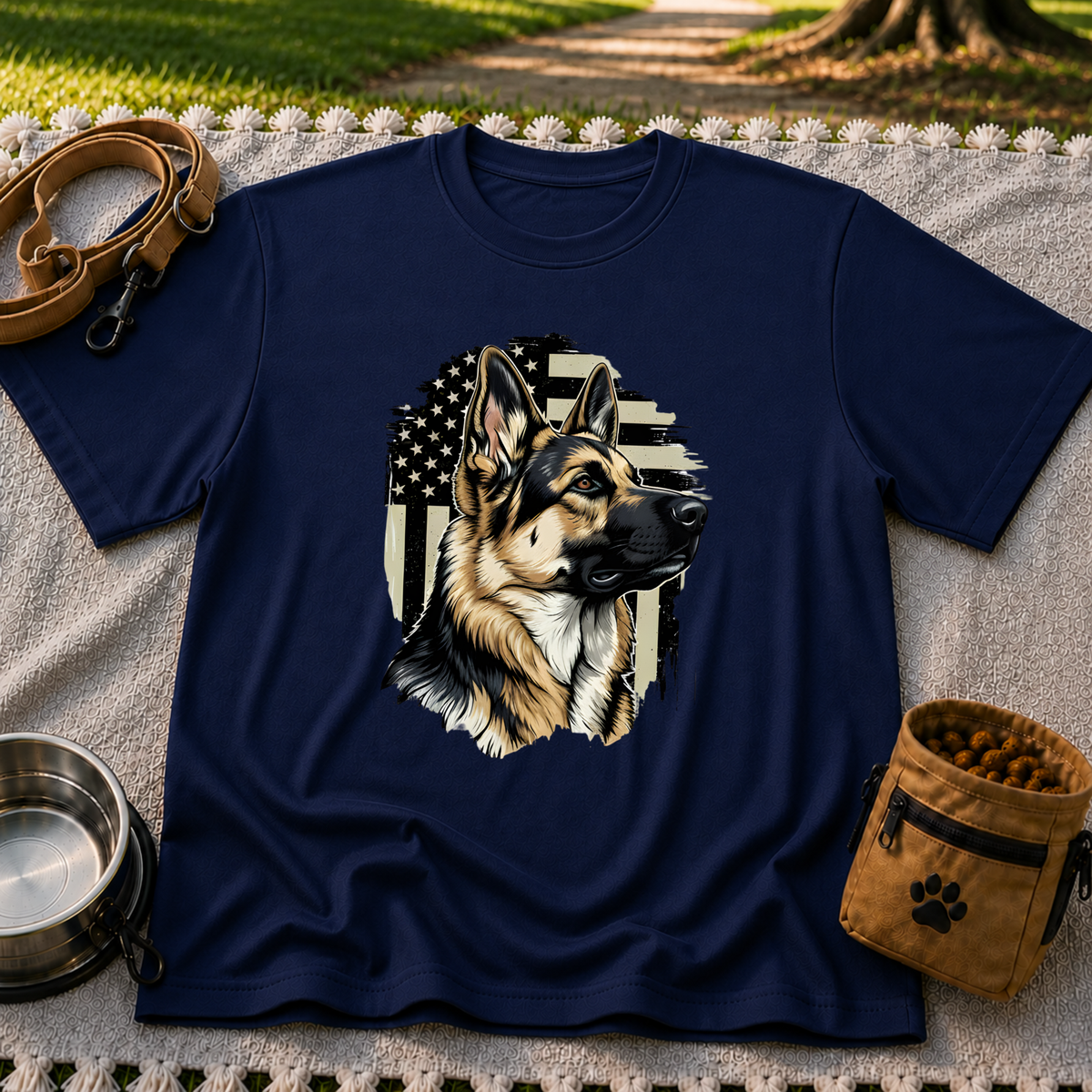 German Shepherd American Flag design on a Navy T-shirt.