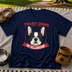 Navy T-shirt mockup featuring French Bulldog portrait in a circular badge above a red Trust Dogs Not Billionaires ribbon.