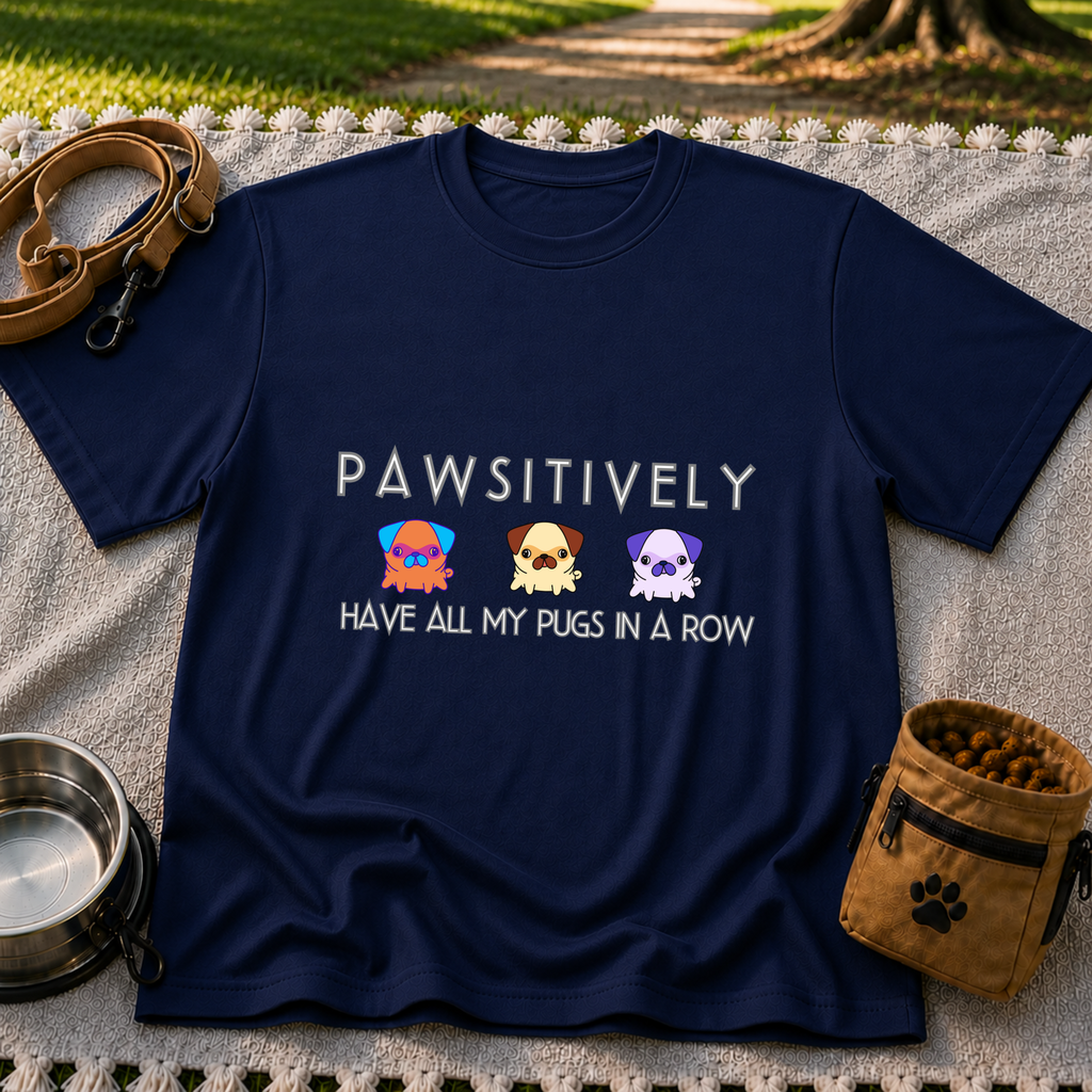 a row of three pugs beneath “Pawsitively all my pugs in a row”. On a Navy T-shirt.