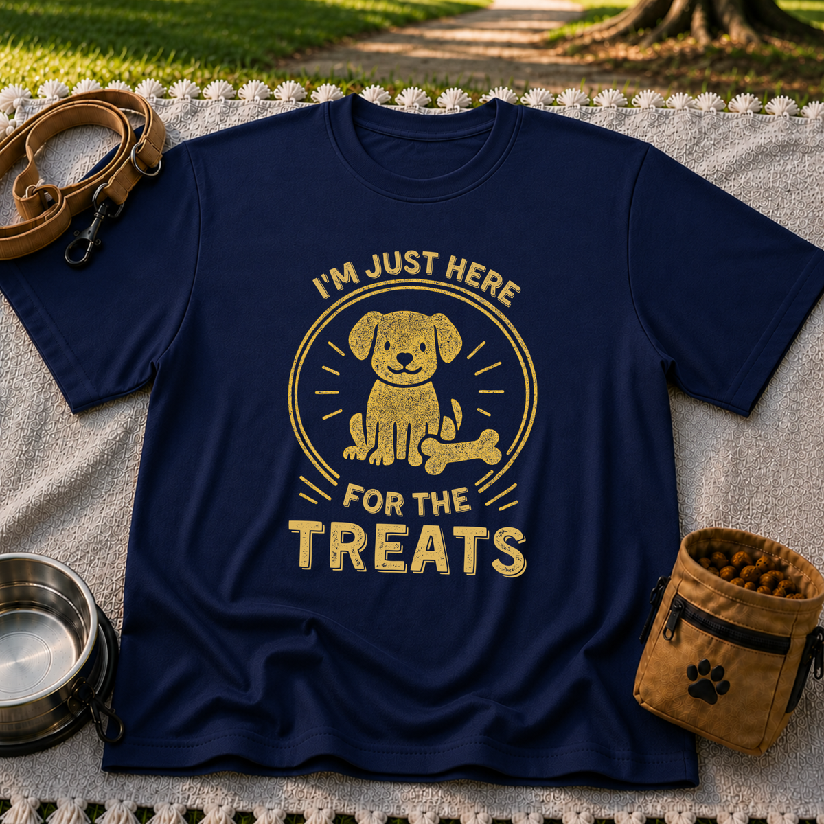 I'm Just Here for the Treats design on a Navy T-shirt.